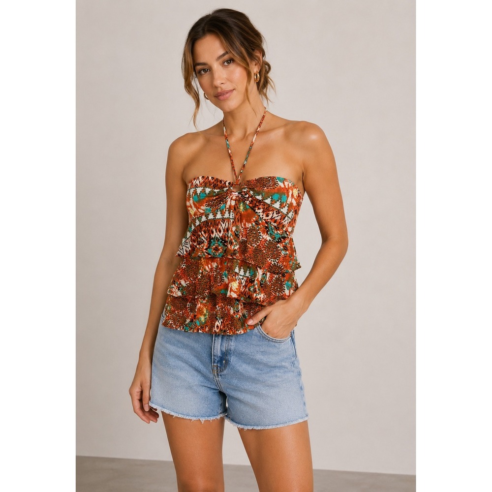 Bongo Women XL Orange Tribal Print Halter Top Y2K Grunge Festival Boho